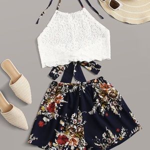 Navy Blue Two Piece Lace Short Set